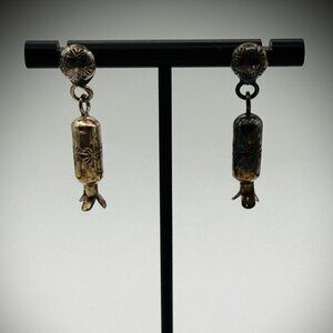 Vintage Sterling Squash Blossom Dangle Earrings — Hand-Stamped, 1.5", 5g